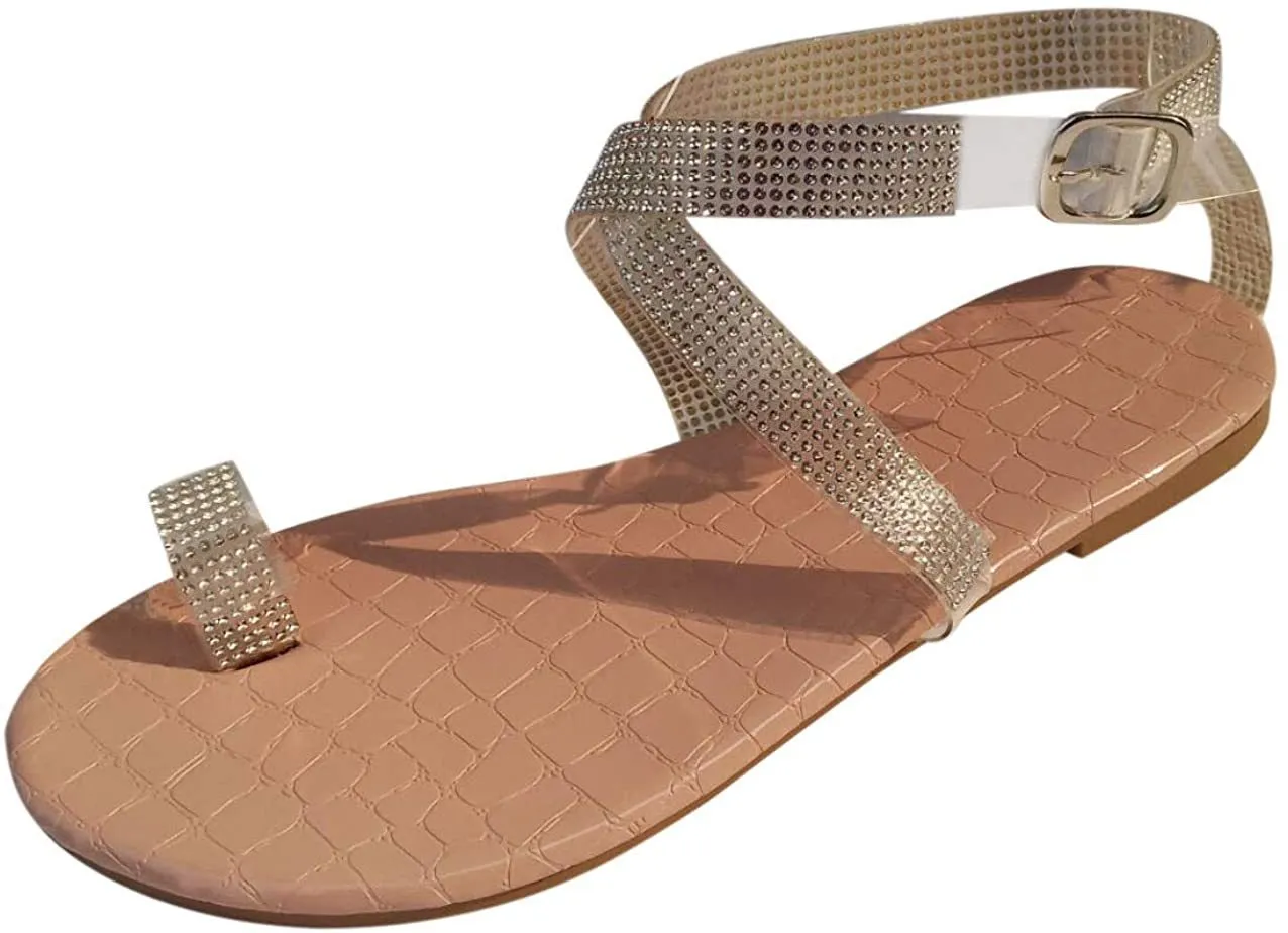 Winsummer Women Leatherette Rhinestone Toe Ring Slingback Dressy Sandal Strappy Flat Gladiator Sandals Roman Shoes
