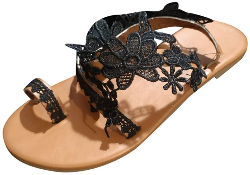 Winsummer Women Leatherette Rhinestone Toe Ring Slingback Dressy Sandal Strappy Flat Gladiator Sandals Roman Shoes