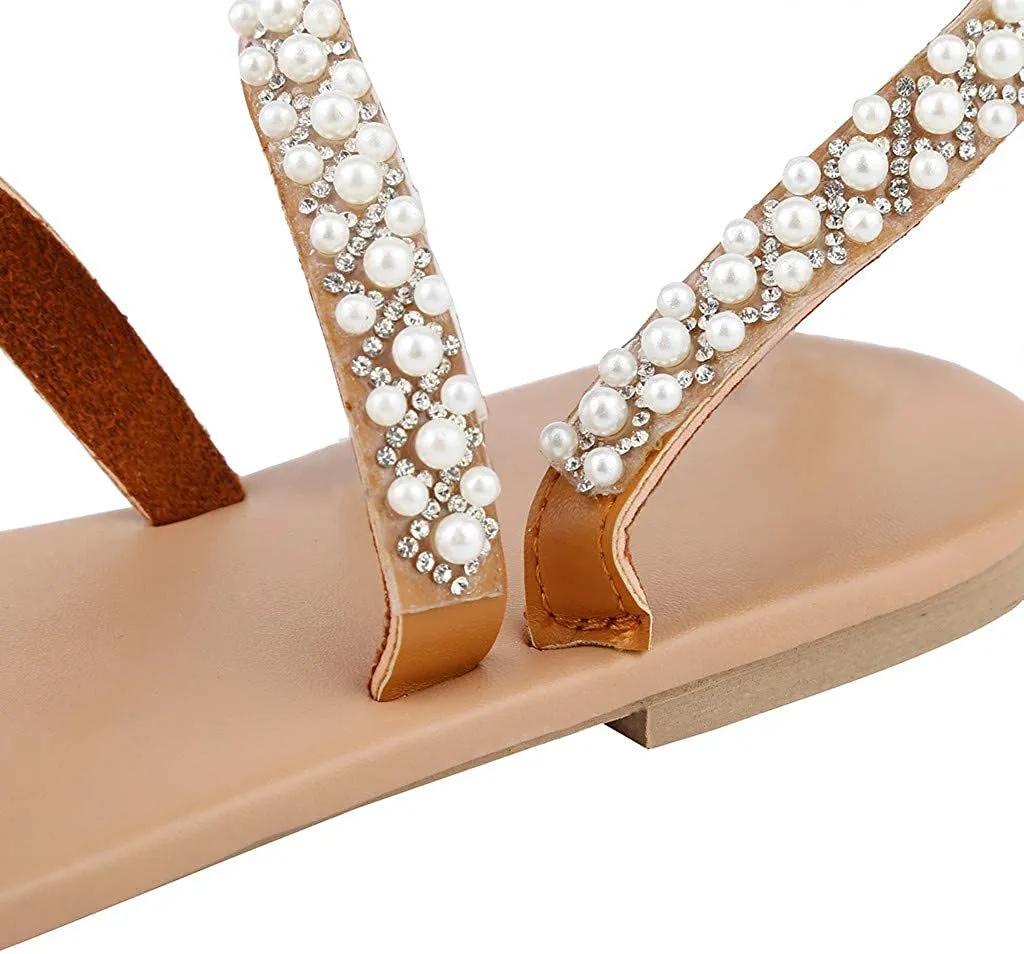 Winsummer Women Leatherette Rhinestone Toe Ring Slingback Dressy Sandal Strappy Flat Gladiator Sandals Roman Shoes
