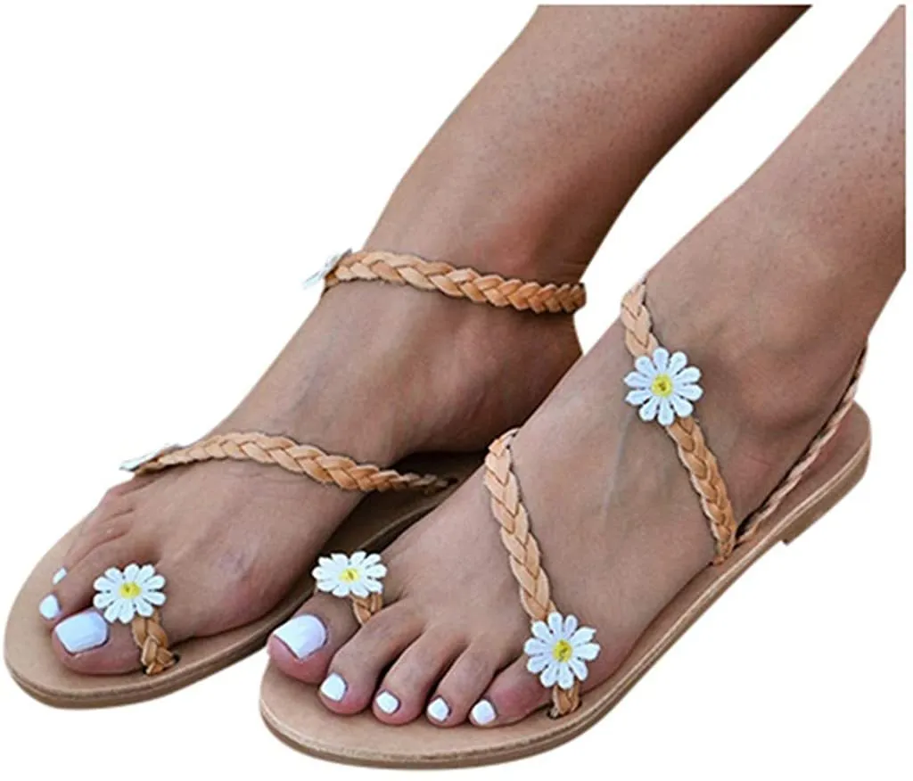 Winsummer Women Leatherette Rhinestone Toe Ring Slingback Dressy Sandal Strappy Flat Gladiator Sandals Roman Shoes