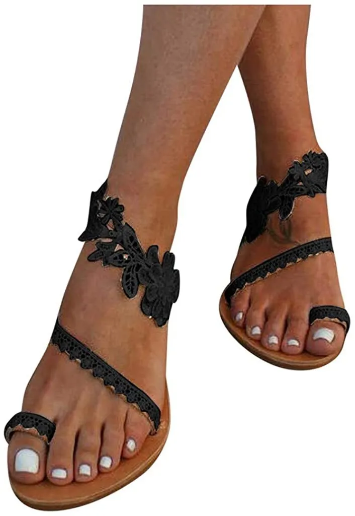Winsummer Women Leatherette Rhinestone Toe Ring Slingback Dressy Sandal Strappy Flat Gladiator Sandals Roman Shoes