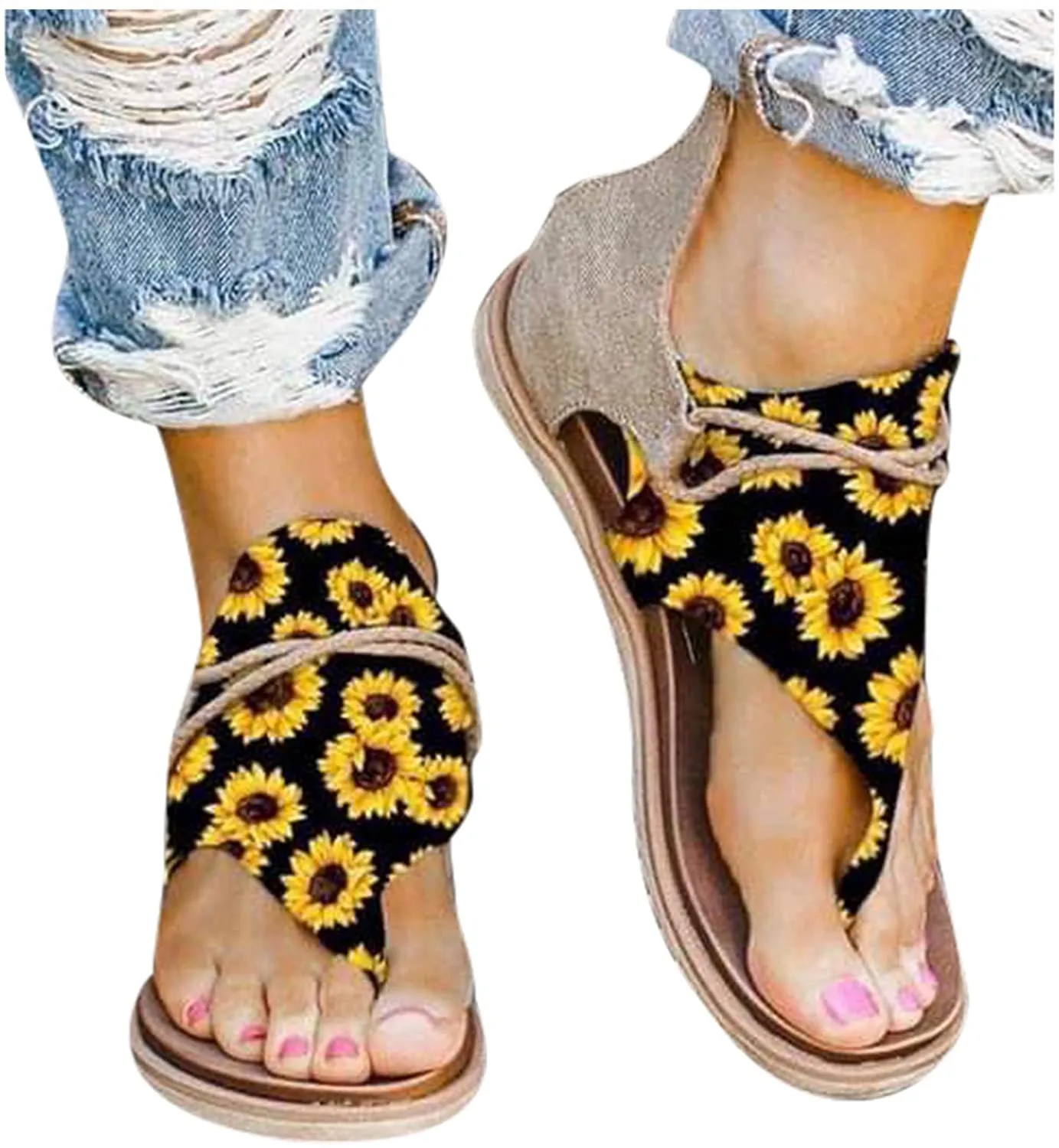 Winsummer Women Summer Sandals Retro Bohemian Back Zipper Leopard Sandals Beach Shoes T-Strap Roman Open-Toe Sandals