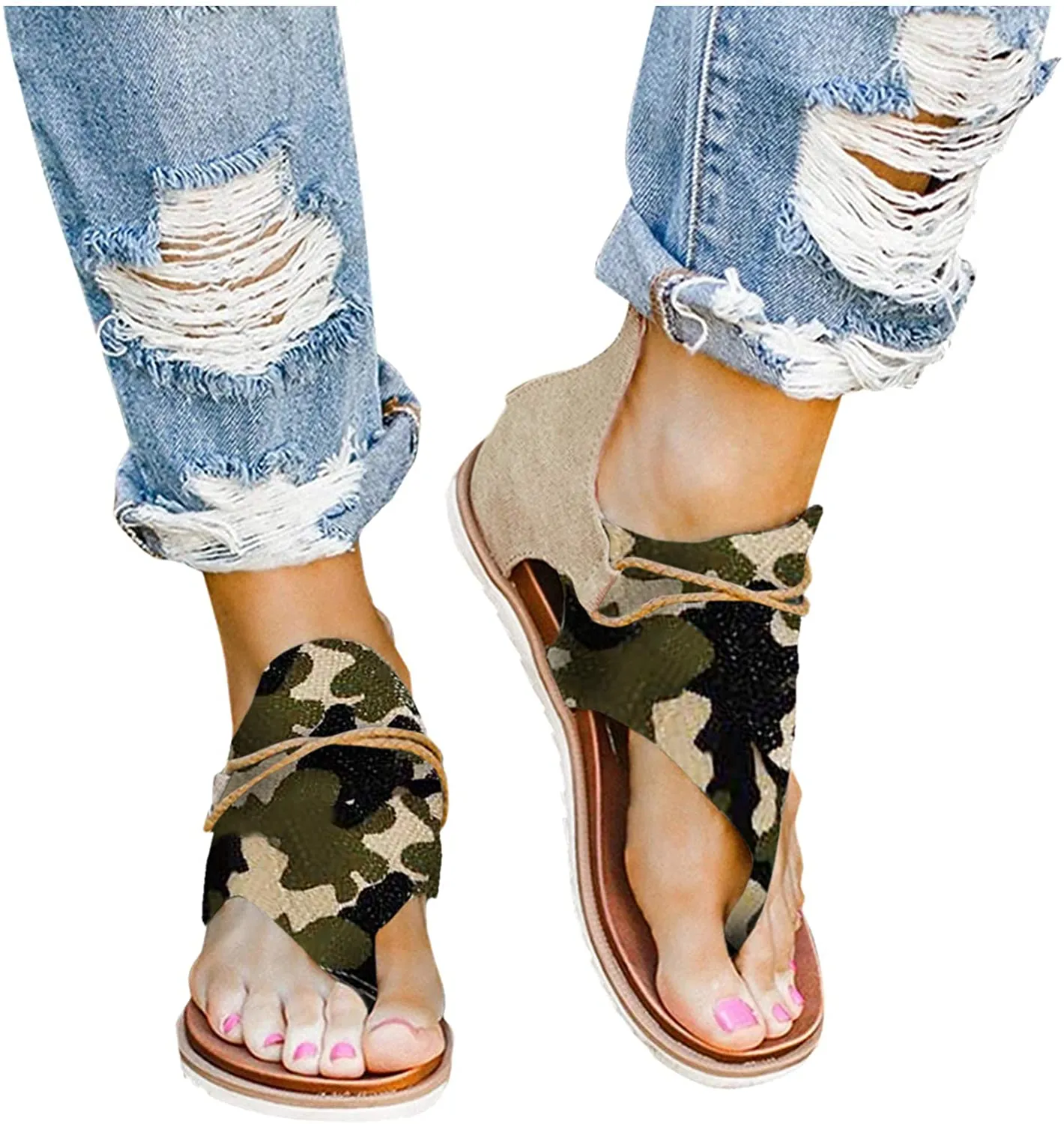 Winsummer Women Summer Sandals Retro Bohemian Back Zipper Leopard Sandals Beach Shoes T-Strap Roman Open-Toe Sandals