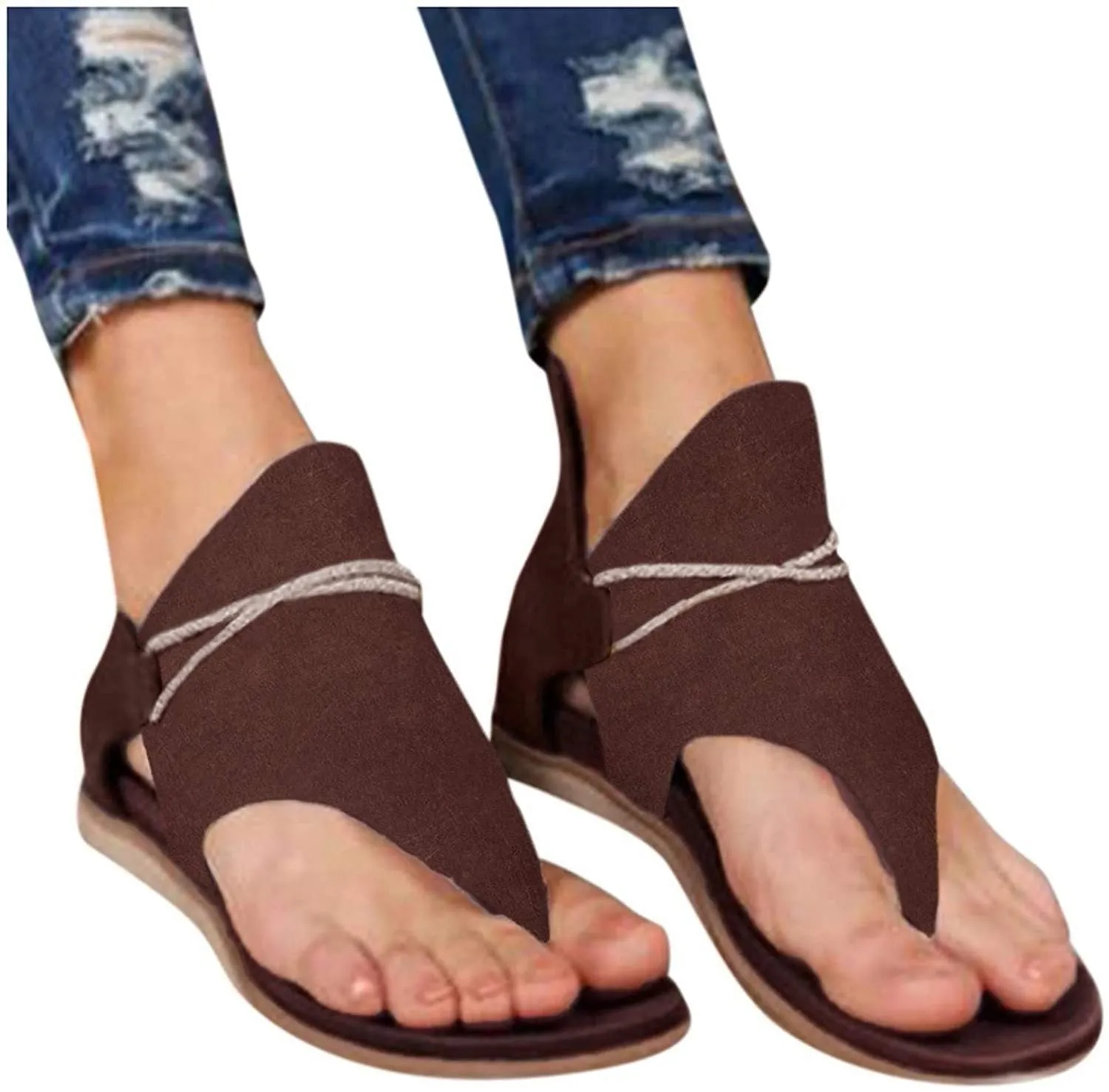 Winsummer Women Summer Sandals Retro Bohemian Back Zipper Leopard Sandals Beach Shoes T-Strap Roman Open-Toe Sandals