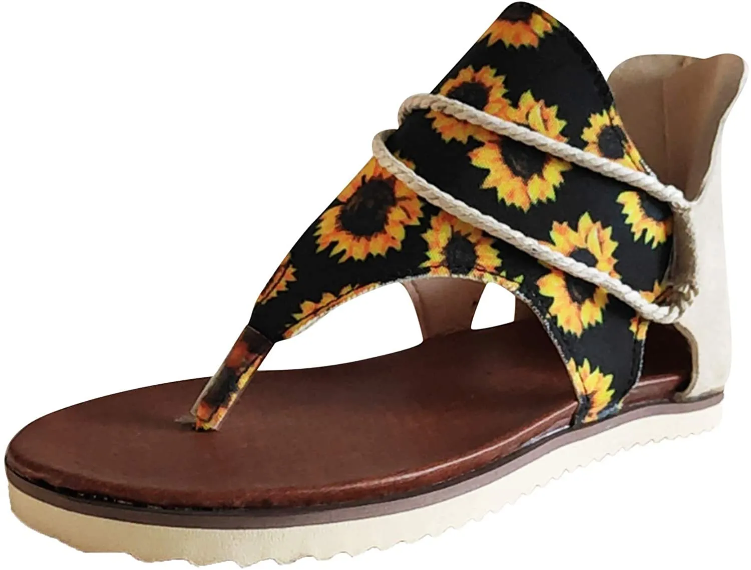 Winsummer Women Summer Sandals Retro Bohemian Back Zipper Leopard Sandals Beach Shoes T-Strap Roman Open-Toe Sandals