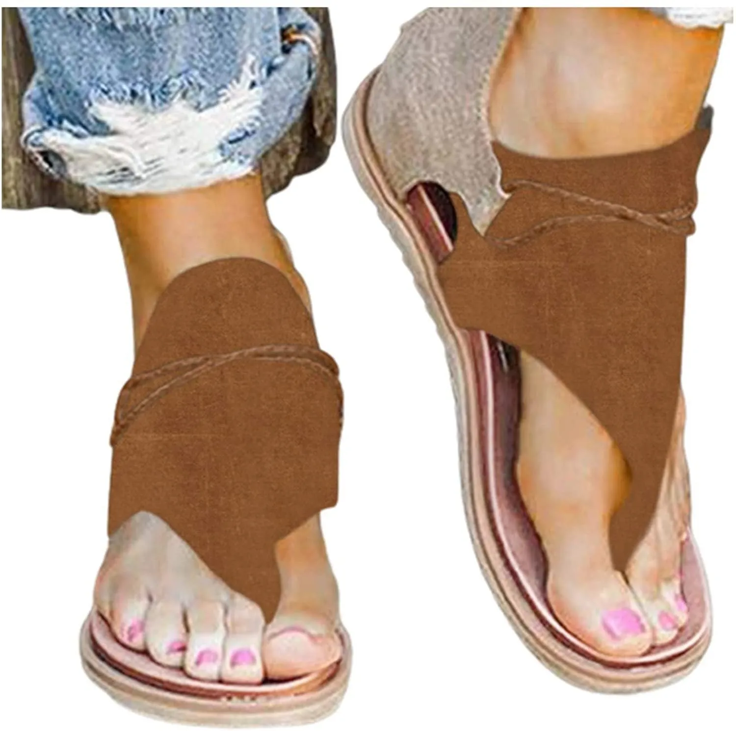 Winsummer Women Summer Sandals Retro Bohemian Back Zipper Leopard Sandals Beach Shoes T-Strap Roman Open-Toe Sandals