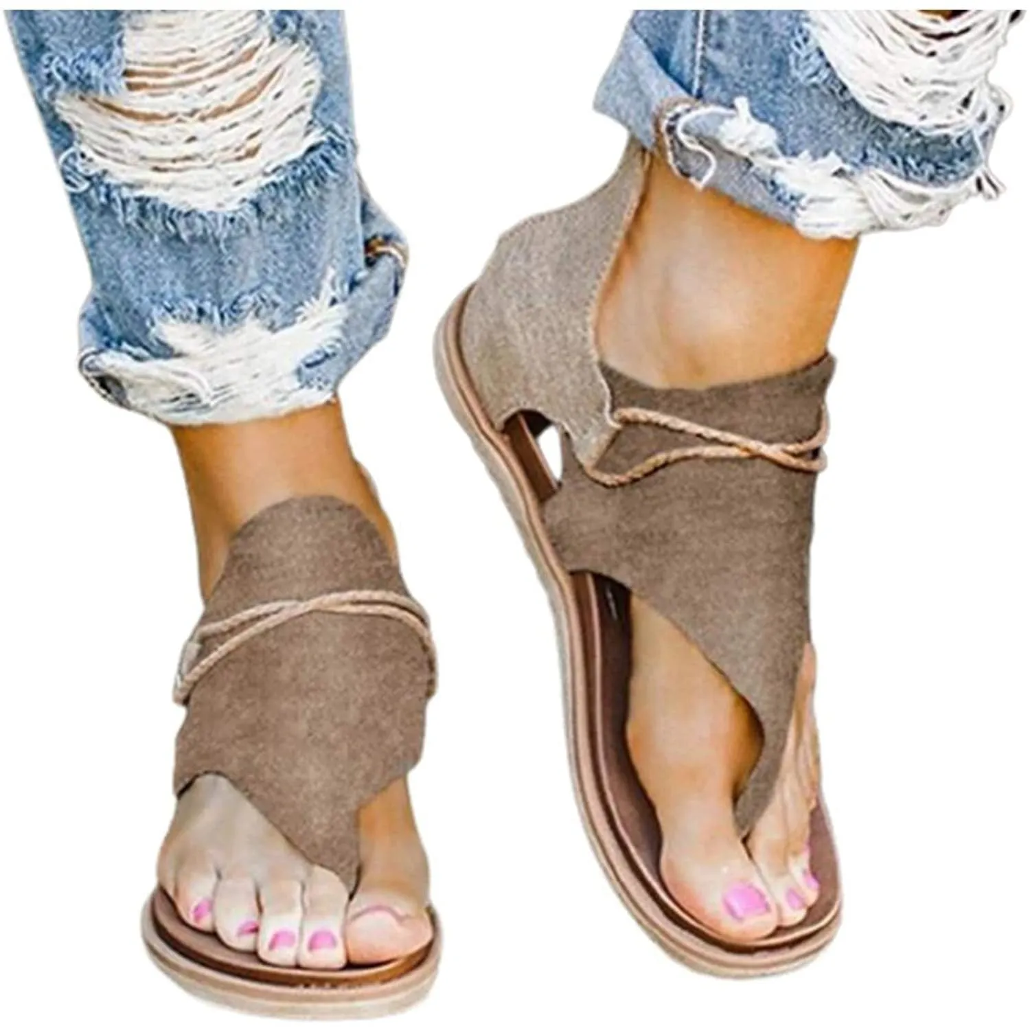 Winsummer Women Summer Sandals Retro Bohemian Back Zipper Leopard Sandals Beach Shoes T-Strap Roman Open-Toe Sandals