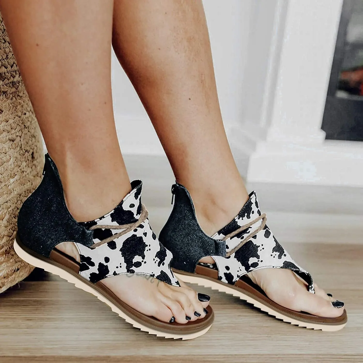 Winsummer Women Summer Sandals Retro Bohemian Back Zipper Leopard Sandals Beach Shoes T-Strap Roman Open-Toe Sandals