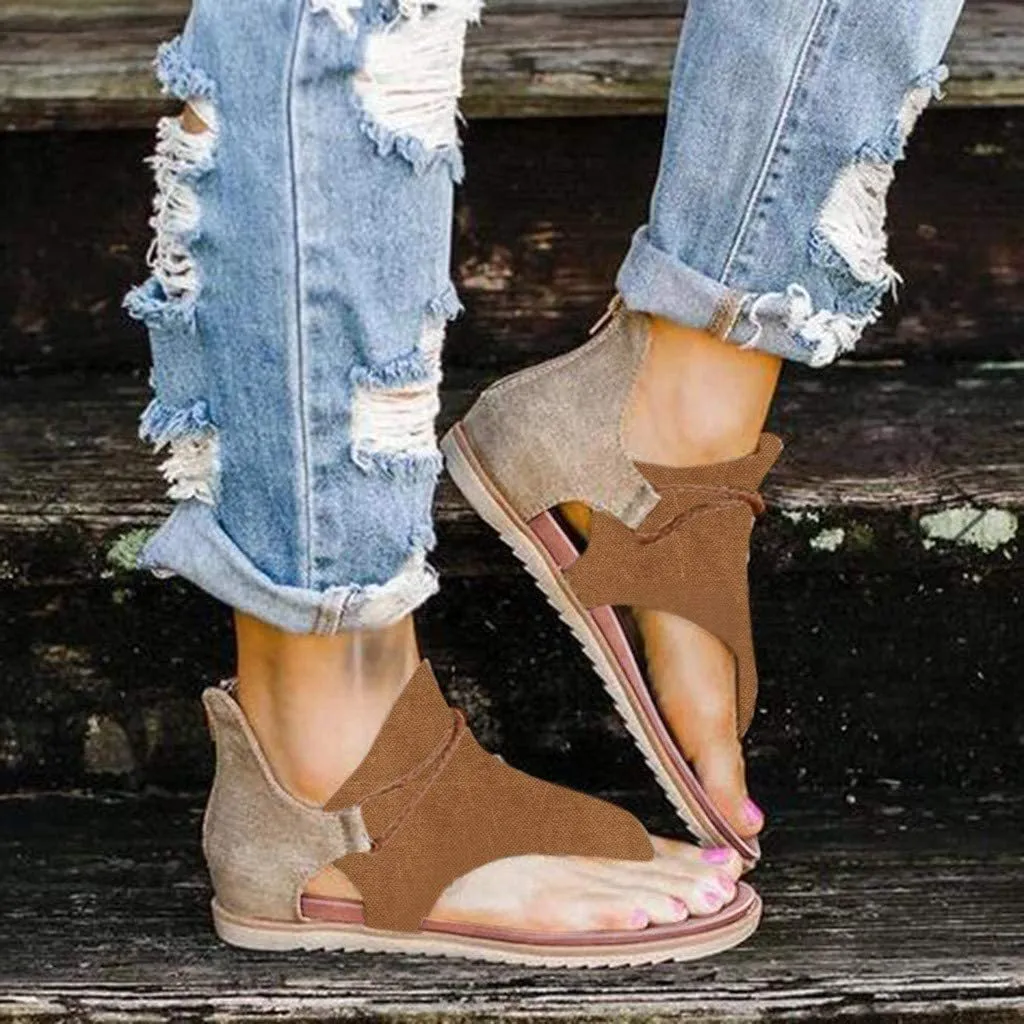 Winsummer Women Summer Sandals Retro Bohemian Back Zipper Leopard Sandals Beach Shoes T-Strap Roman Open-Toe Sandals