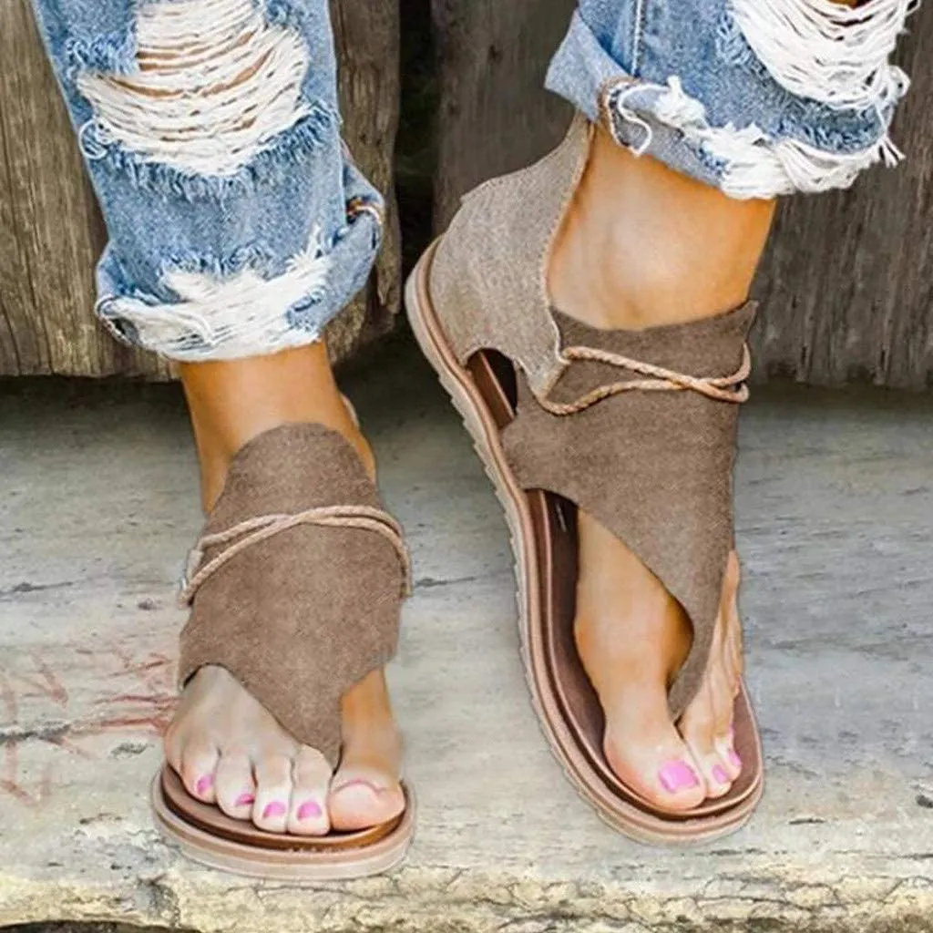 Winsummer Women Summer Sandals Retro Bohemian Back Zipper Leopard Sandals Beach Shoes T-Strap Roman Open-Toe Sandals