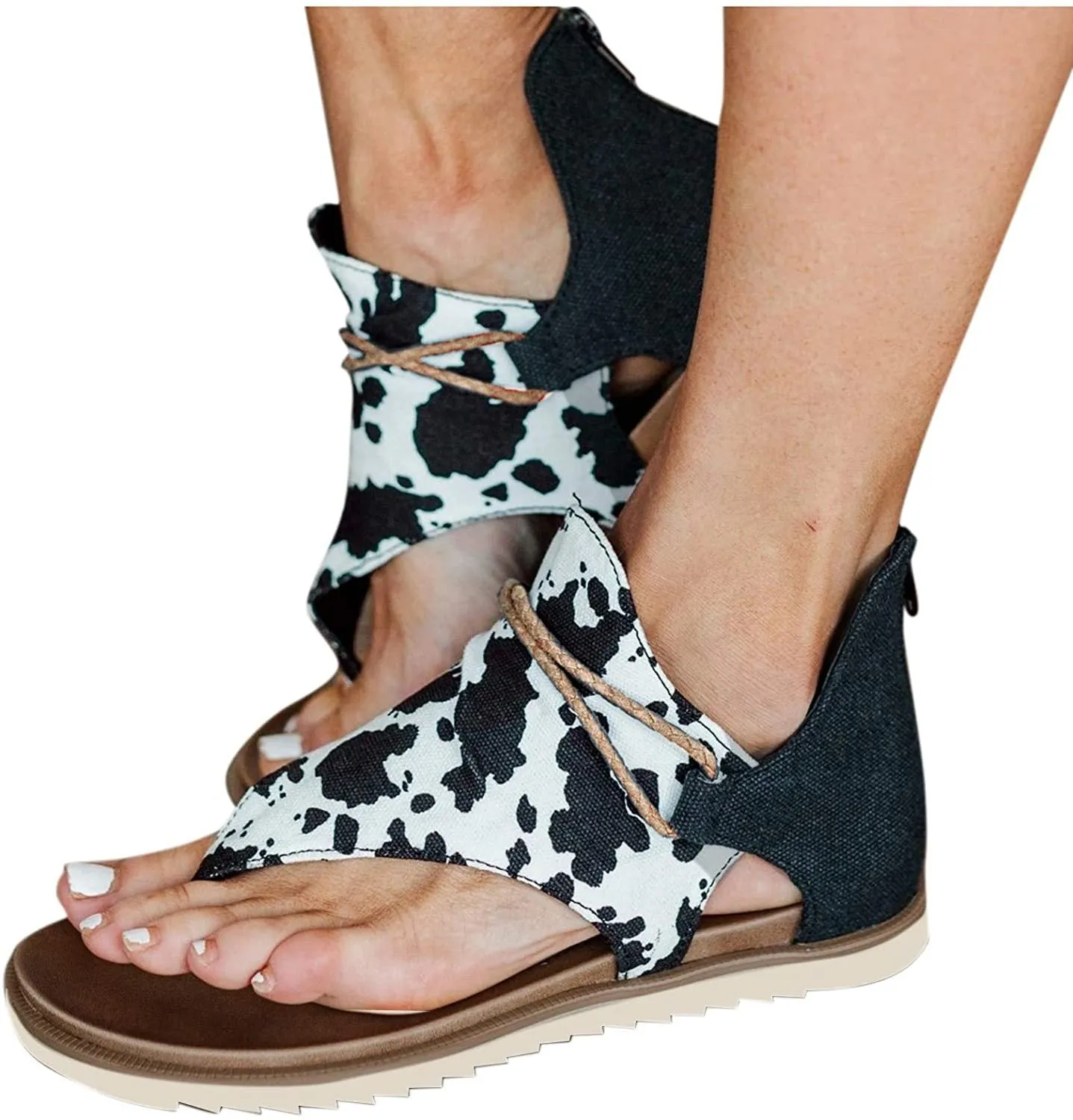 Winsummer Women Summer Sandals Retro Bohemian Back Zipper Leopard Sandals Beach Shoes T-Strap Roman Open-Toe Sandals
