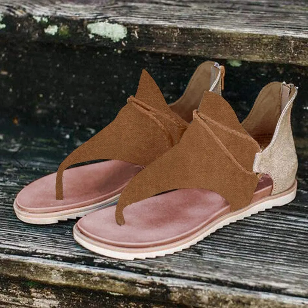 Winsummer Women Summer Sandals Retro Bohemian Back Zipper Leopard Sandals Beach Shoes T-Strap Roman Open-Toe Sandals