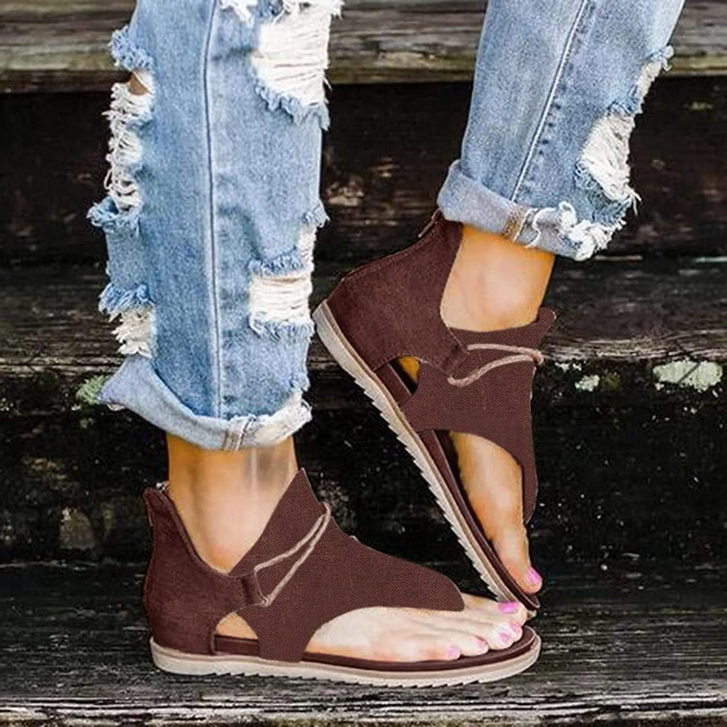 Winsummer Women Summer Sandals Retro Bohemian Back Zipper Leopard Sandals Beach Shoes T-Strap Roman Open-Toe Sandals