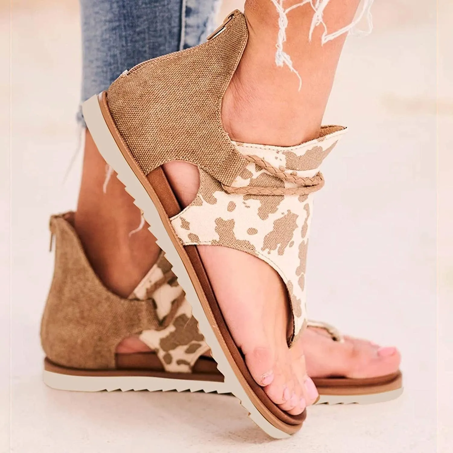 Winsummer Women Summer Sandals Retro Bohemian Back Zipper Leopard Sandals Beach Shoes T-Strap Roman Open-Toe Sandals