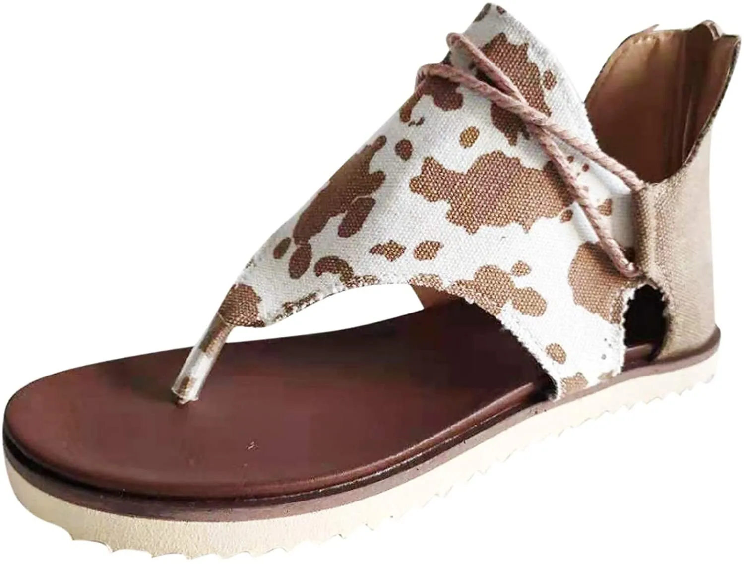 Winsummer Women Summer Sandals Retro Bohemian Back Zipper Leopard Sandals Beach Shoes T-Strap Roman Open-Toe Sandals