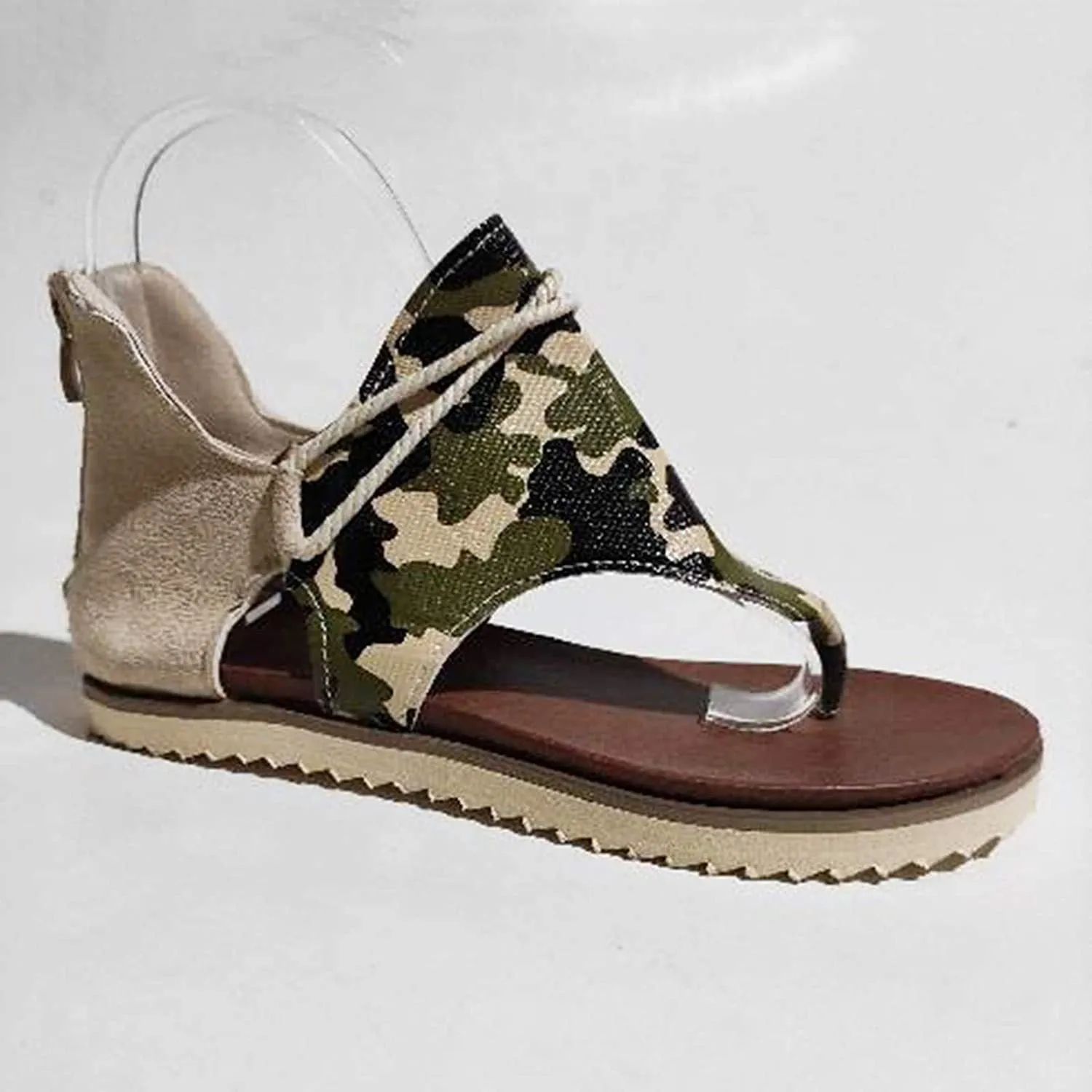 Winsummer Women Summer Sandals Retro Bohemian Back Zipper Leopard Sandals Beach Shoes T-Strap Roman Open-Toe Sandals
