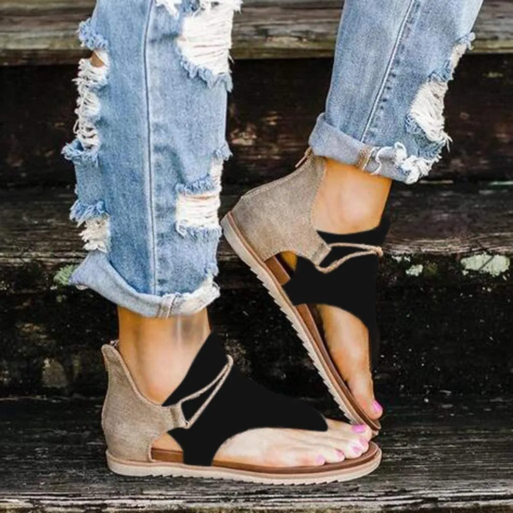 Winsummer Women Summer Sandals Retro Bohemian Back Zipper Leopard Sandals Beach Shoes T-Strap Roman Open-Toe Sandals