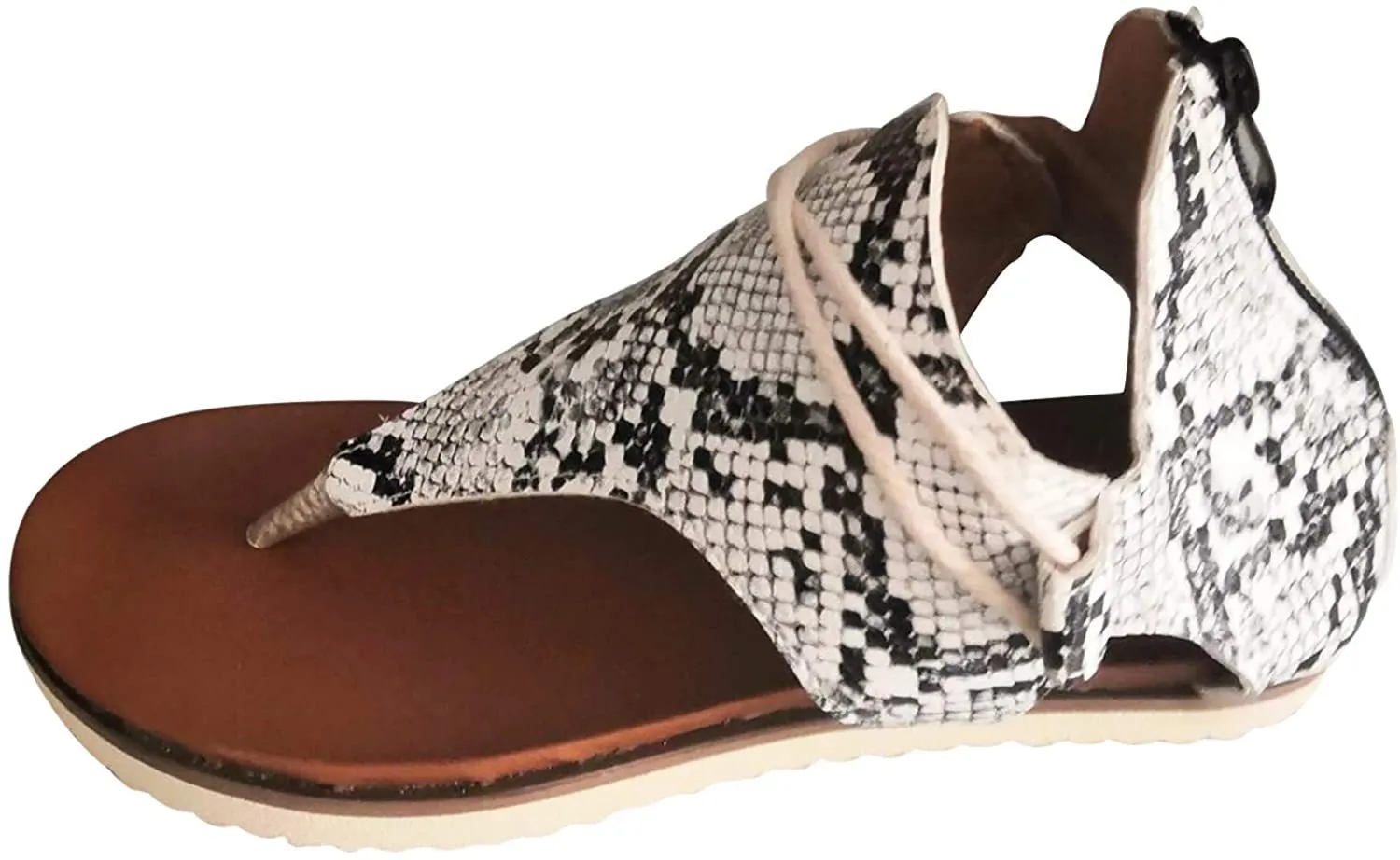 Winsummer Women Summer Sandals Retro Bohemian Back Zipper Leopard Sandals Beach Shoes T-Strap Roman Open-Toe Sandals