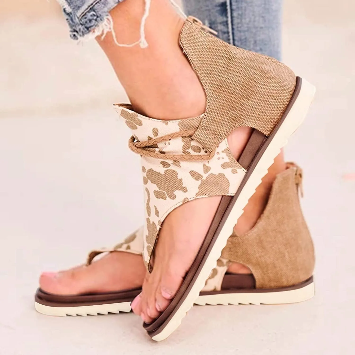 Winsummer Women Summer Sandals Retro Bohemian Back Zipper Leopard Sandals Beach Shoes T-Strap Roman Open-Toe Sandals