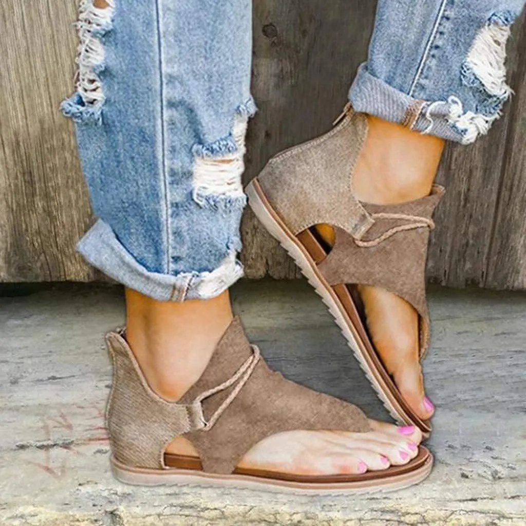 Winsummer Women Summer Sandals Retro Bohemian Back Zipper Leopard Sandals Beach Shoes T-Strap Roman Open-Toe Sandals