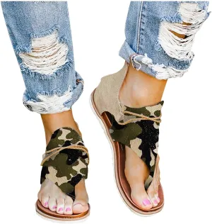 Winsummer Women Summer Sandals Retro Bohemian Back Zipper Leopard Sandals Beach Shoes T-Strap Roman Open-Toe Sandals