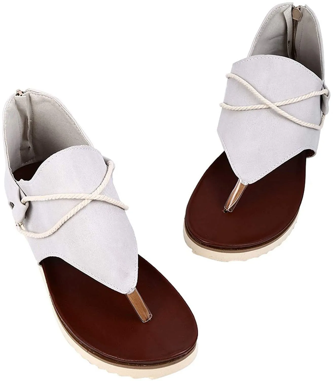 Winsummer Women Summer Sandals Retro Bohemian Back Zipper Leopard Sandals Beach Shoes T-Strap Roman Open-Toe Sandals
