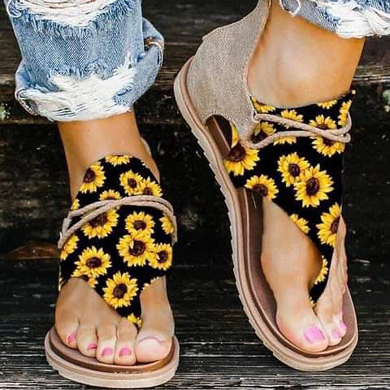 Winsummer Women Summer Sandals Retro Bohemian Back Zipper Leopard Sandals Beach Shoes T-Strap Roman Open-Toe Sandals