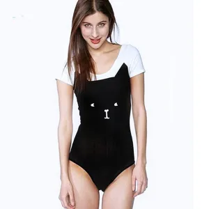 Women Jumpsuit Short Sleeve Cat Printed Cute Ladies Sexy Jumpsuits Stretch Slim Rompers Womens Jumpsuit Plus Size Bodysuit