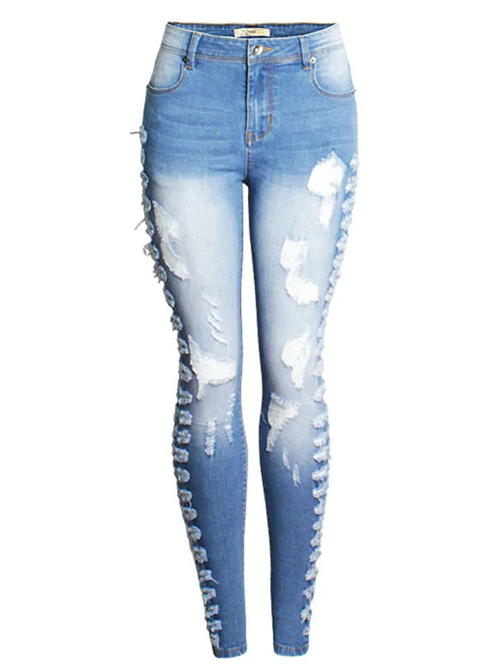Women's Ripped Stretchy Washed Effect Denim Jeans for Autumn