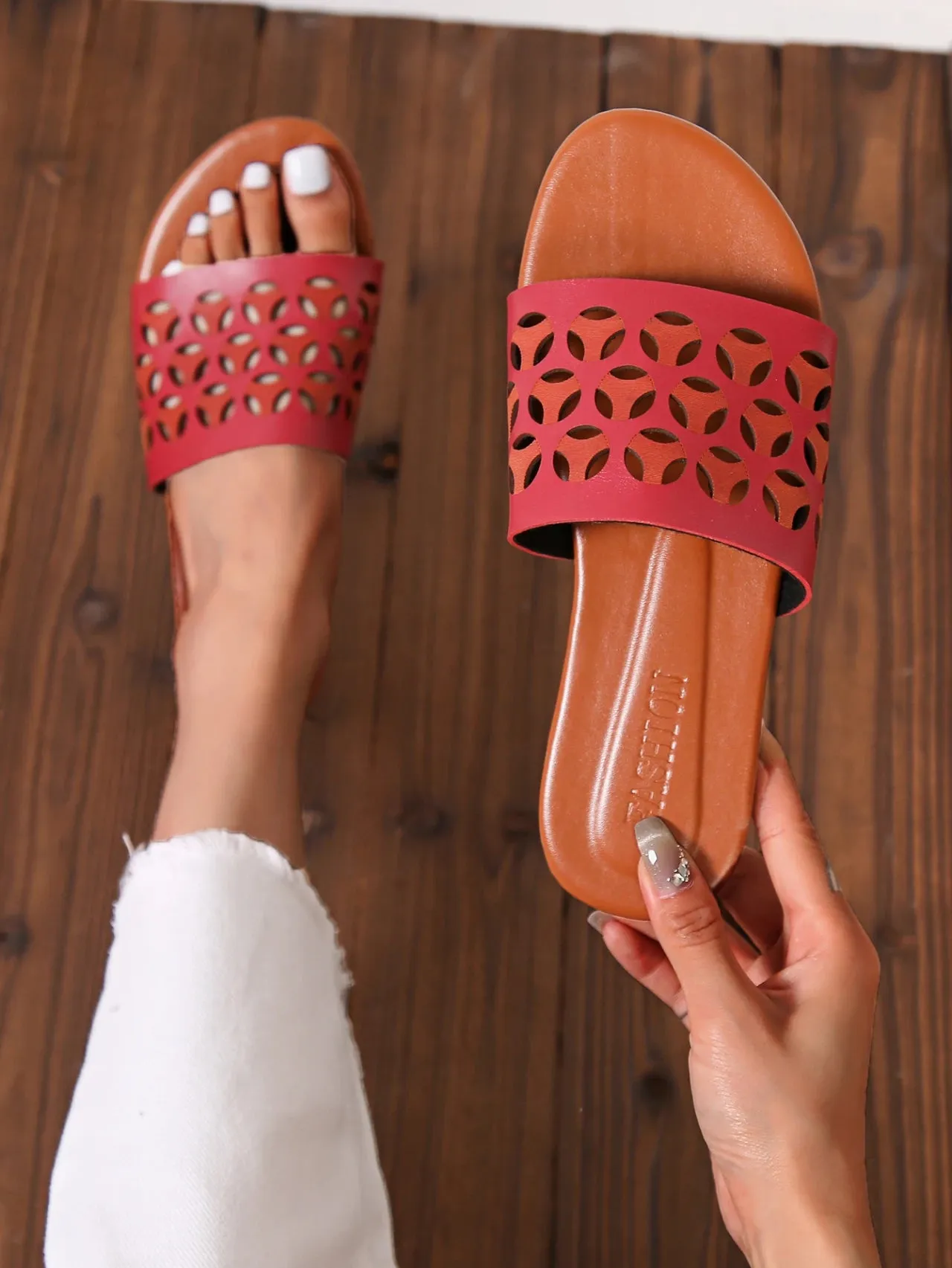 Women's Slip-on Wedges Women's Open-toed Slippers Women's Casual PU Leather Plaid Casual Breathable trafza womens