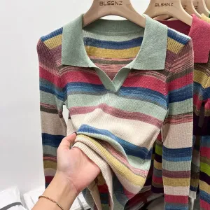 Women's Striped Polo Neck Shirt – Chic Long Sleeve Knit Top | Elegant Summer 2025 Cotton T-Shirt