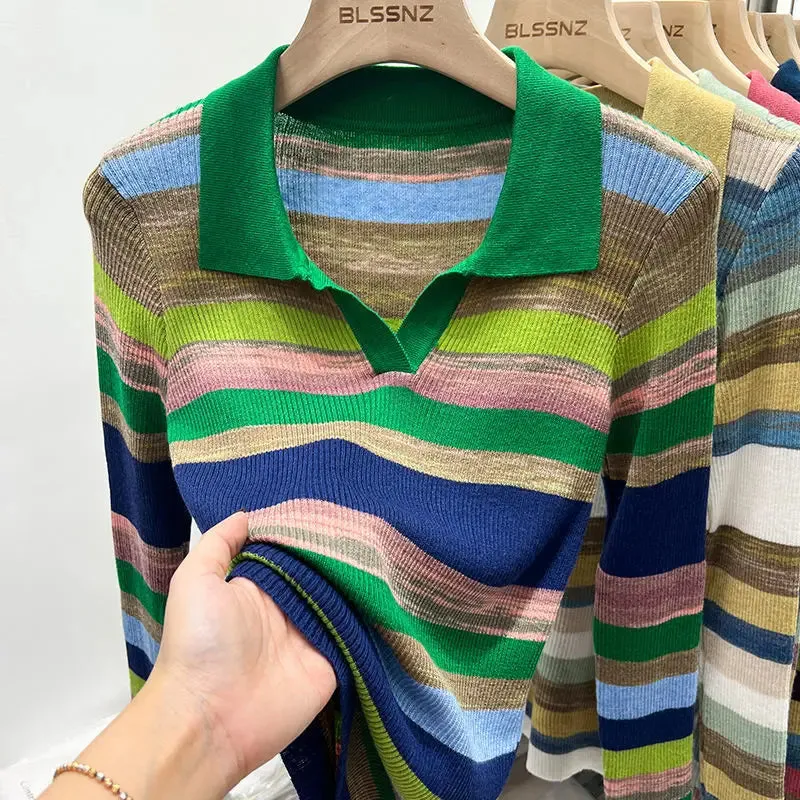 Women's Striped Polo Neck Shirt – Chic Long Sleeve Knit Top | Elegant Summer 2025 Cotton T-Shirt