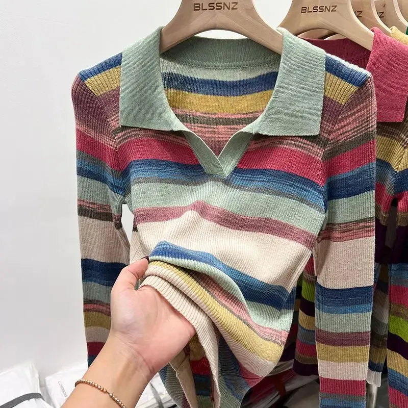 Women's Striped Polo Neck Shirt – Chic Long Sleeve Knit Top | Elegant Summer 2025 Cotton T-Shirt