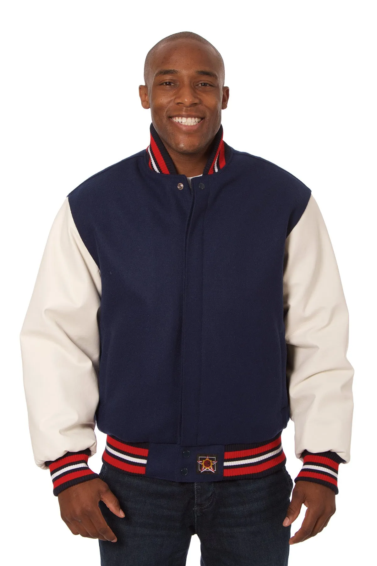 Wool and Leather Varsity Jacket in Navy and White
